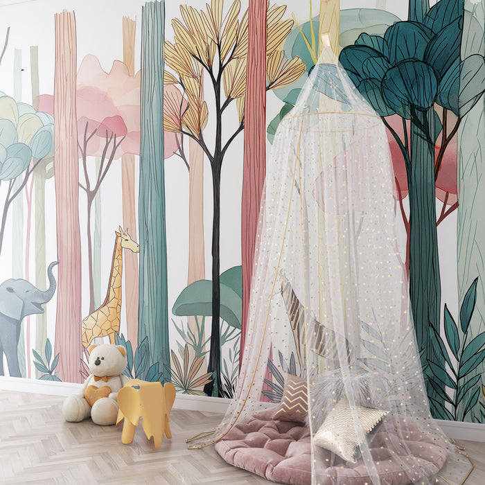 Papel de parede criança | Safari encantador em cores vivas
