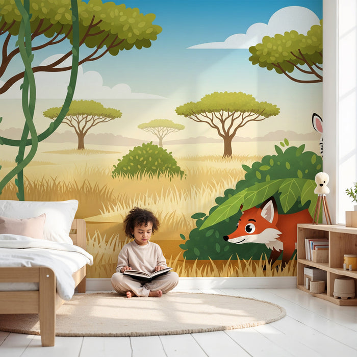 Papier peint chambre enfant | Safari ludique avec singe et renard