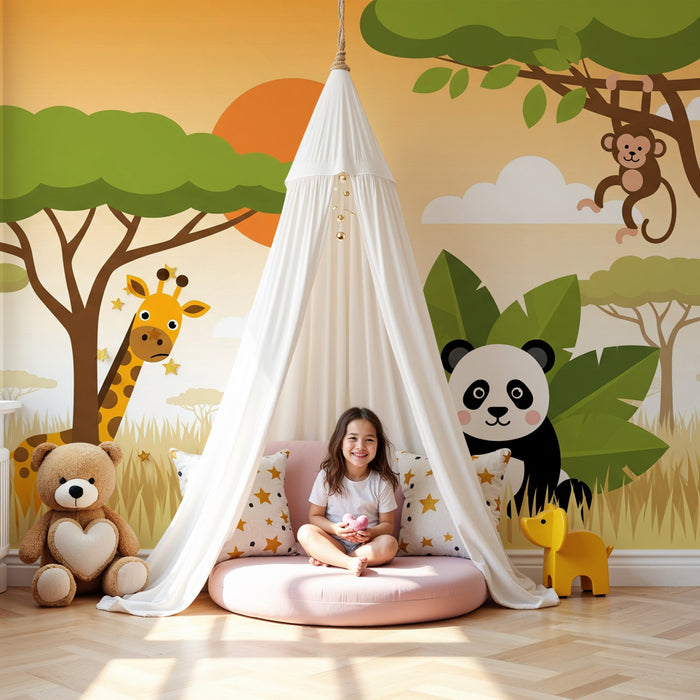 Kinderzimmer Tapete | Bunte Savanne mit niedlichen Tieren