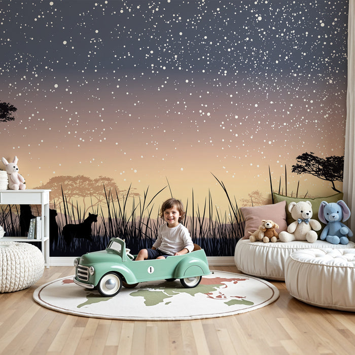 Kids room wallpaper | Serengeti under a starry sky