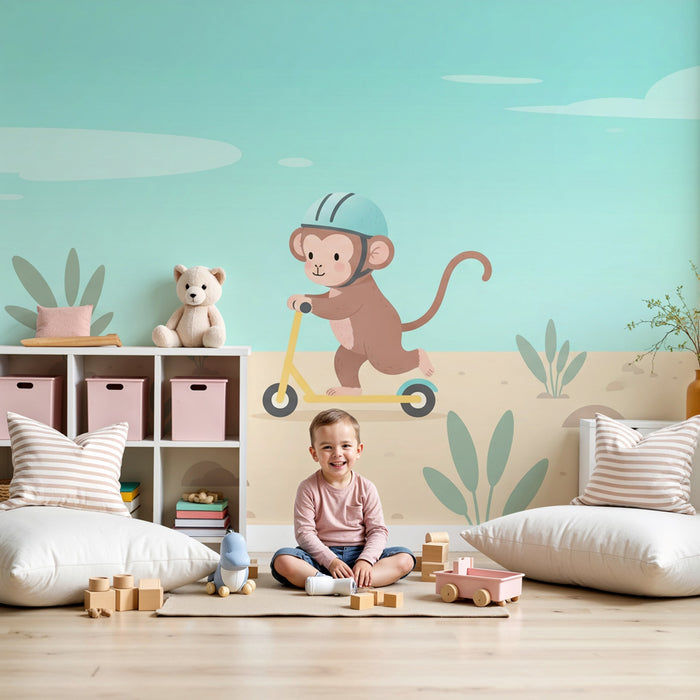 Papier peint chambre enfant | Singe aventurier en trottinette