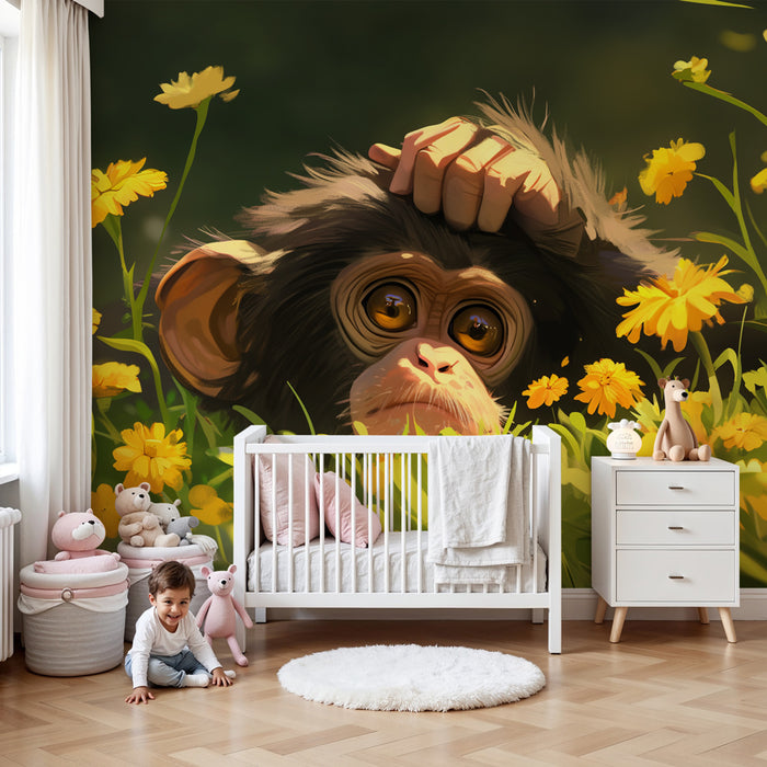 Kinderkamer behang | Navihan opici v cvetličnem polju
