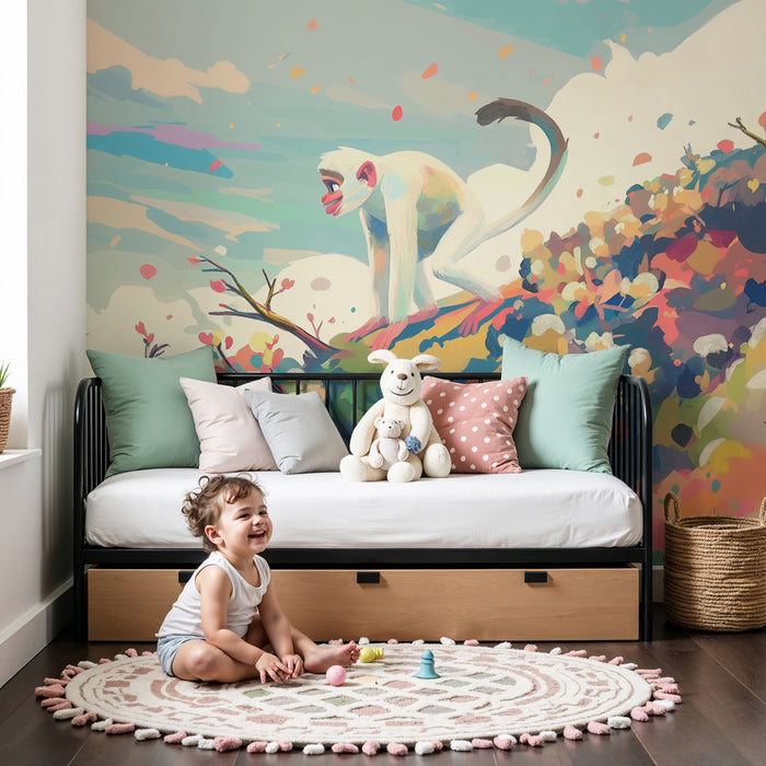 Kids room wallpaper | Playful monkey in a colorful world