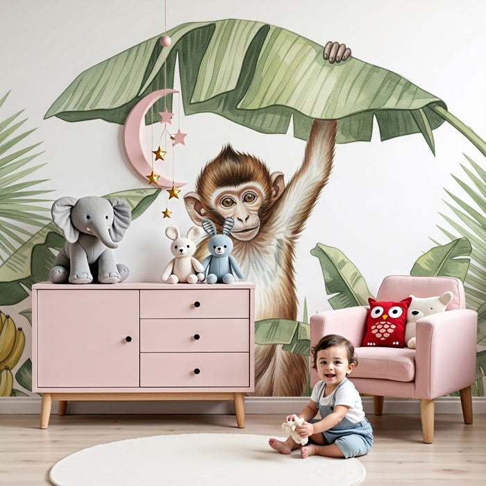 Papel pintado infantil | Mono travieso y jungla tropical