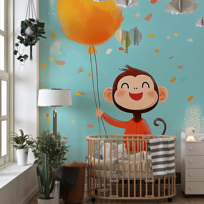 Børneværelse tapet | Glade abe med ballon og konfetti