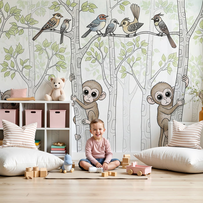 Papier peint chambre enfant | Singes espiègles et volatiles colorés
