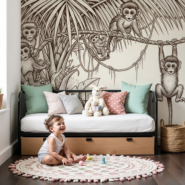 Papier peint chambre enfant | Singes joueurs dans la jungle