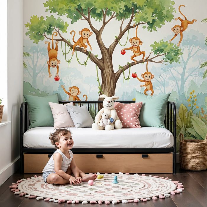 Papier peint chambre enfant | Singes malicieux dans la jungle
