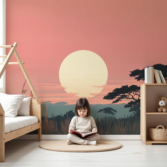 Papier peint chambre enfant | Soleil couchant sur la savane
