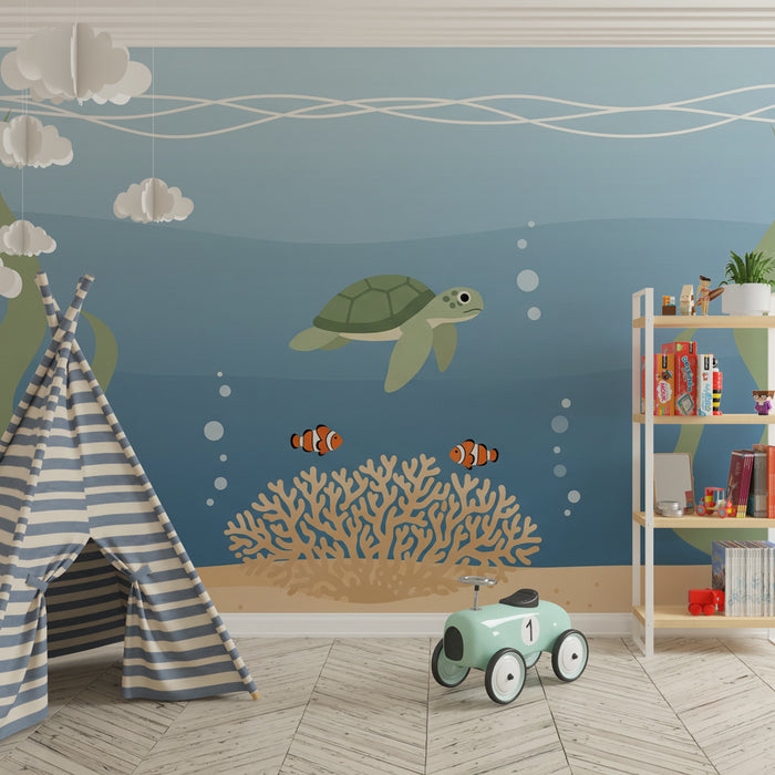 Papier peint chambre enfant | Sous l'océan avec une tortue et des poissons