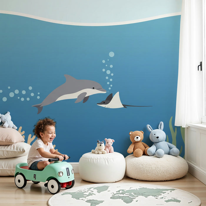 Papier peint chambre enfant | Sous-marin avec dauphin et raie