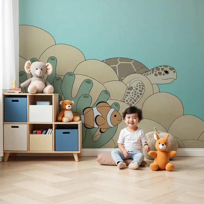 Carta da parati bambini | Sottomarino con tartaruga e pesce pagliaccio