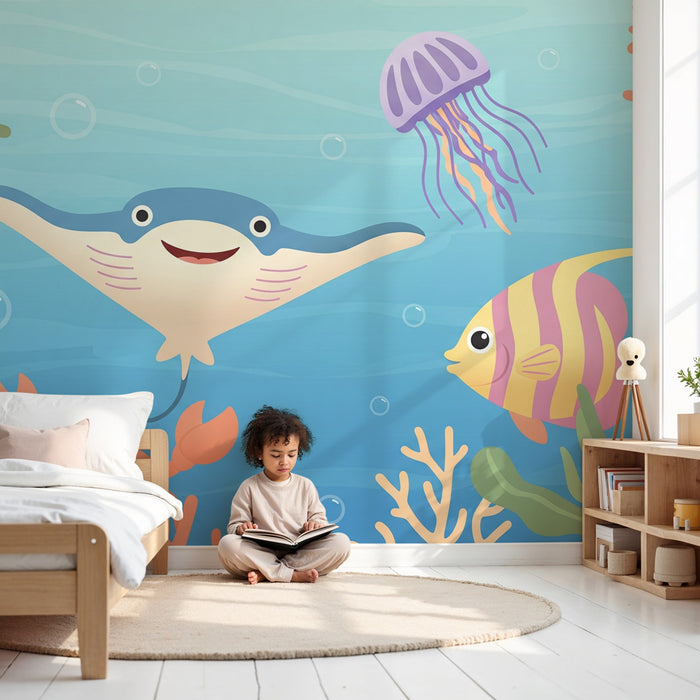 Kids room wallpaper | Õnnelik allveelaev koos värviliste kaladega
