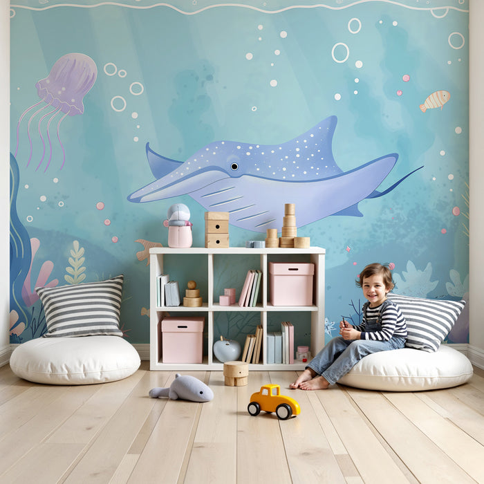 Papier peint chambre enfant | Sous-marin magique avec raie et coraux colorés
