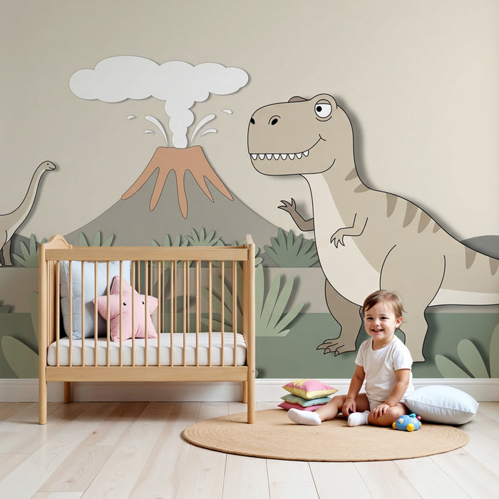 Tapety dla dzieci | T Rex i diplodocus beżowy z zielonym liściem szałwii