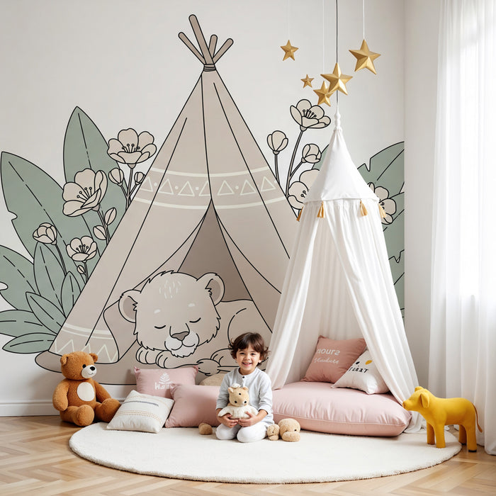 Papel pintado infantil | Tienda y león dormido