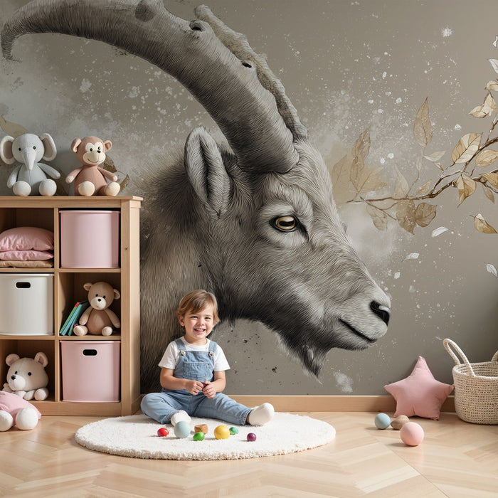 Papier peint chambre enfant | Tête de chamois stylisée avec feuillage