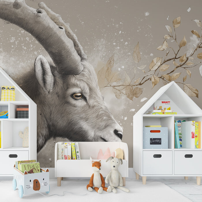 Kids room wallpaper | Stylized chamois head with foliage