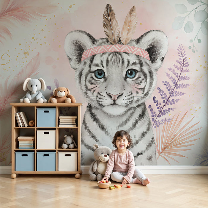 Papel pintado infantil | Tigre blanco elegante con plumas