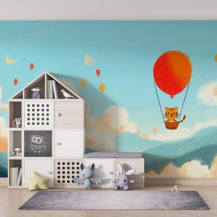Kinderzimmer Tapete | Tiger in einem Heißluftballon in einem lebendigen Himmel