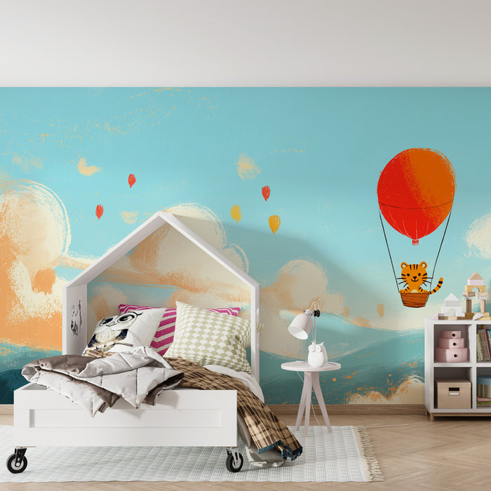 Kinderzimmer Tapete | Tiger in einem Heißluftballon in einem lebendigen Himmel