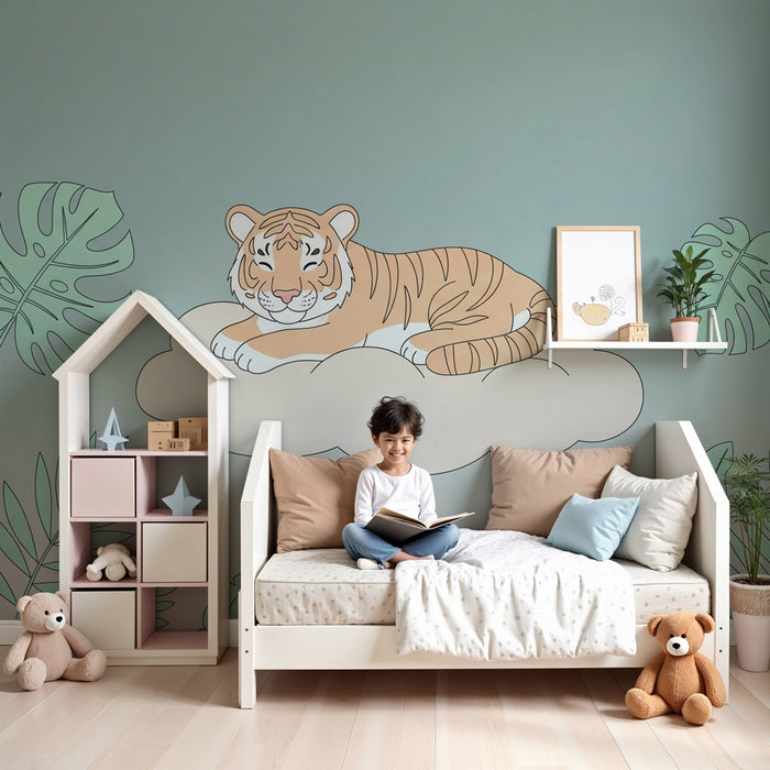 Kinderzimmer Tapete | Schlafender Tiger auf einer Wolke
