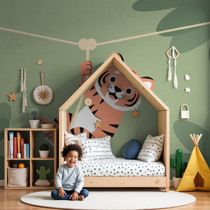 Papier peint chambre enfant | Tigre espiègle dans la jungle
