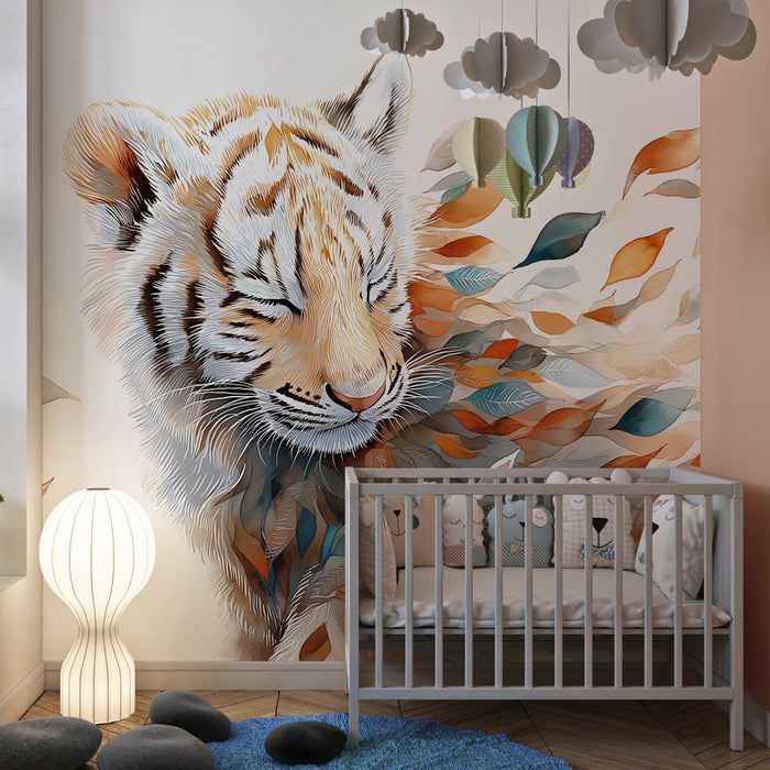 Kinderkamer behang | Eterični tiger in pisane listi