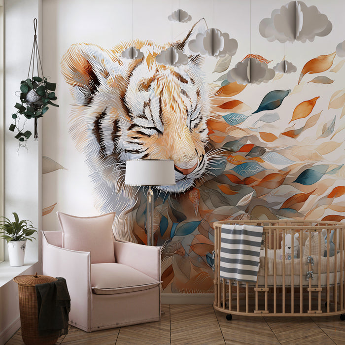 Kinderkamer behang | Eterični tiger in pisane listi