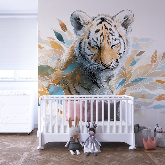 Kinderkamer behang | Majestueuze tijger en kleurrijke bladeren