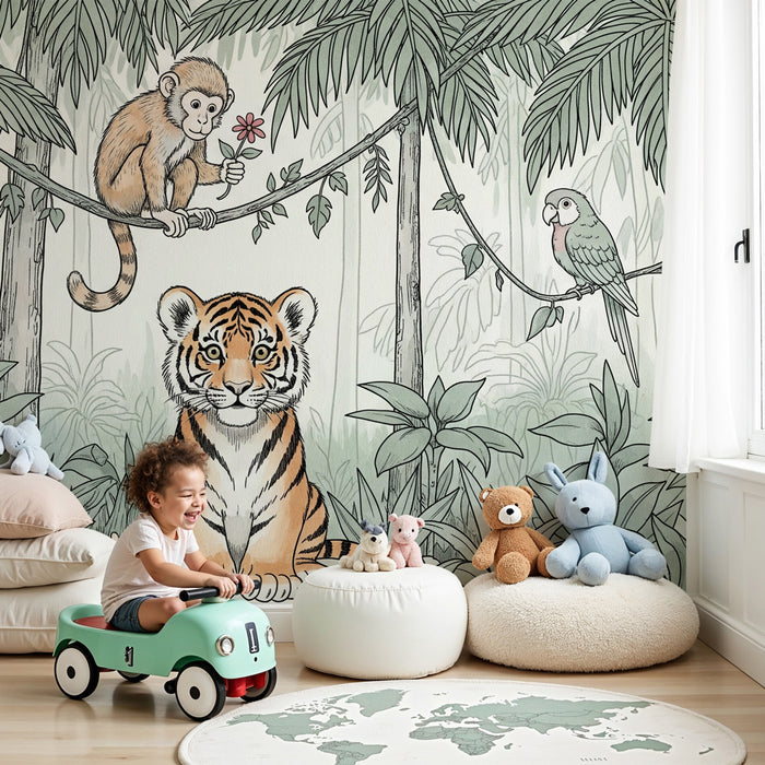 Kids room wallpaper | Tiger, monkey, and parrot in the jungle