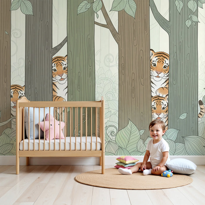 Kids room wallpaper | Lõbusad tiigrid puude vahel