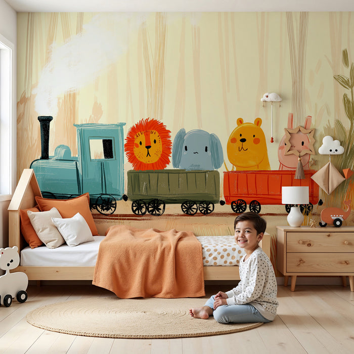 Papel pintado infantil | Tren colorido con divertidos animales