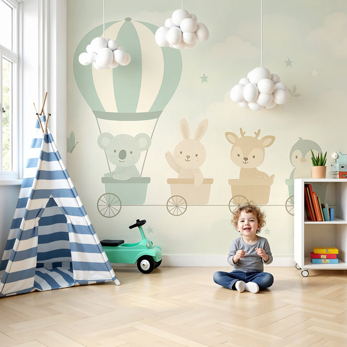 Papel pintado infantil | Tren en las nubes con lindos animales
