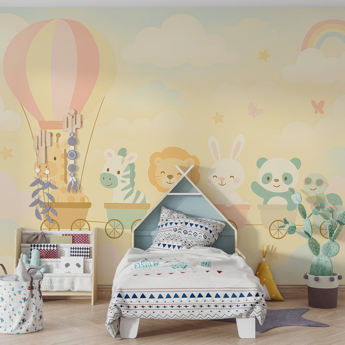 Papel pintado infantil | Tren de animales coloridos en las nubes