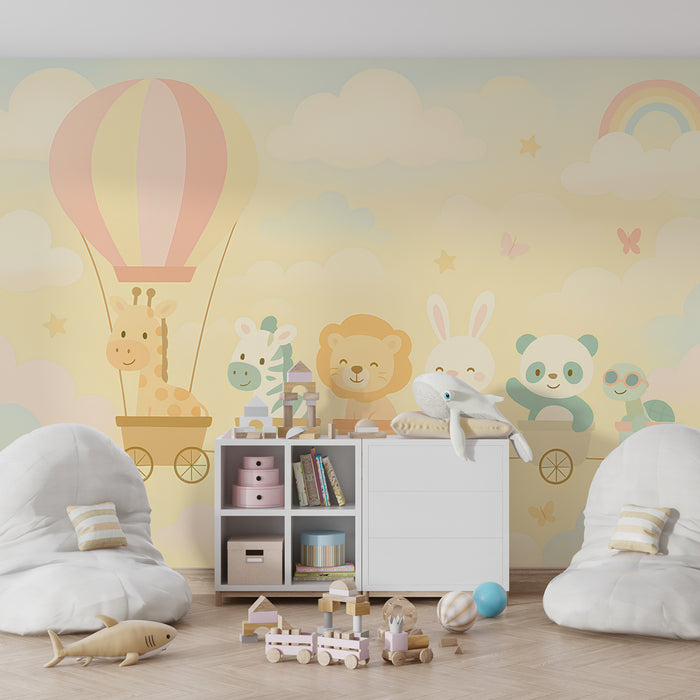 Papel pintado infantil | Tren de animales coloridos en las nubes