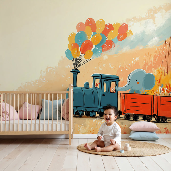 Kids room wallpaper | Joyful train with elephant and colorful balloons