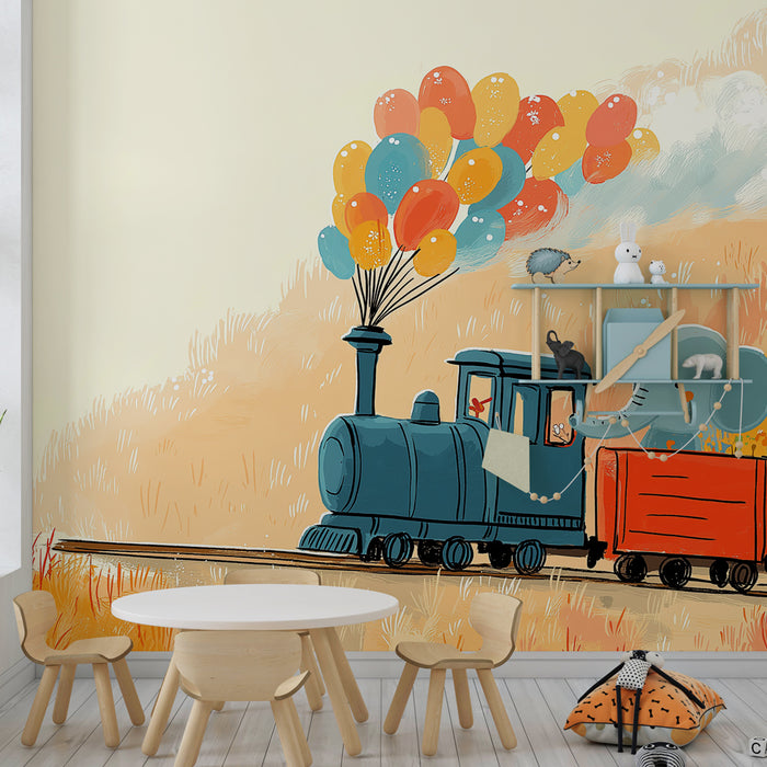 Papier peint chambre enfant | Train joyeux avec éléphant et ballons colorés