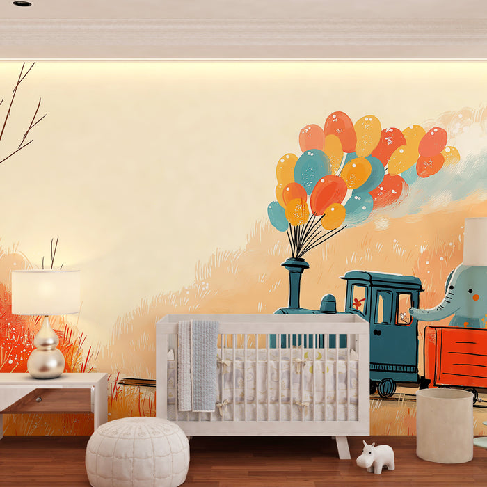Papier peint chambre enfant | Train joyeux avec éléphant et ballons colorés