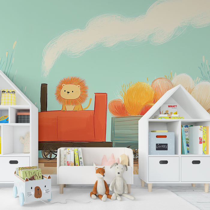 Papier peint chambre enfant | Train joyeux et lion amusant