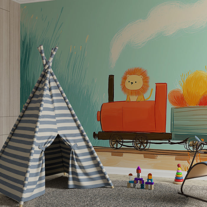 Papier peint chambre enfant | Train joyeux et lion amusant