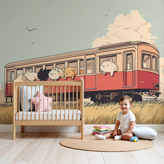 Kids room wallpaper | Cute train with fun animals