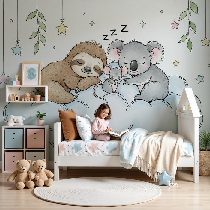 Kinderzimmer Tapete | Drei schlafende Tiere auf einer Wolke