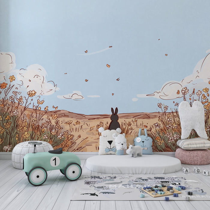 Papier peint chambre enfant | Un lapin dans un champ fleuri