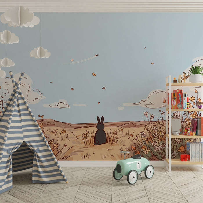 Papier peint chambre enfant | Un lapin dans un champ fleuri