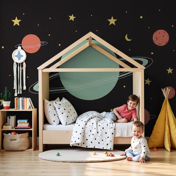 Papel pintado infantil | Universo estrellado y planetas coloridos sobre fondo negro
