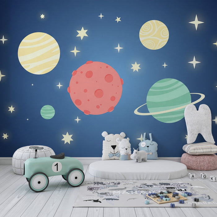 Papel pintado infantil | Universo estrellado y planetas coloridos sobre fondo azul