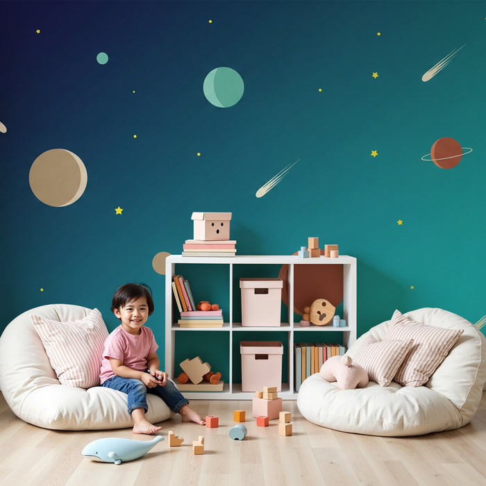 Papel pintado infantil | Universo galáctico con planetas y estrellas