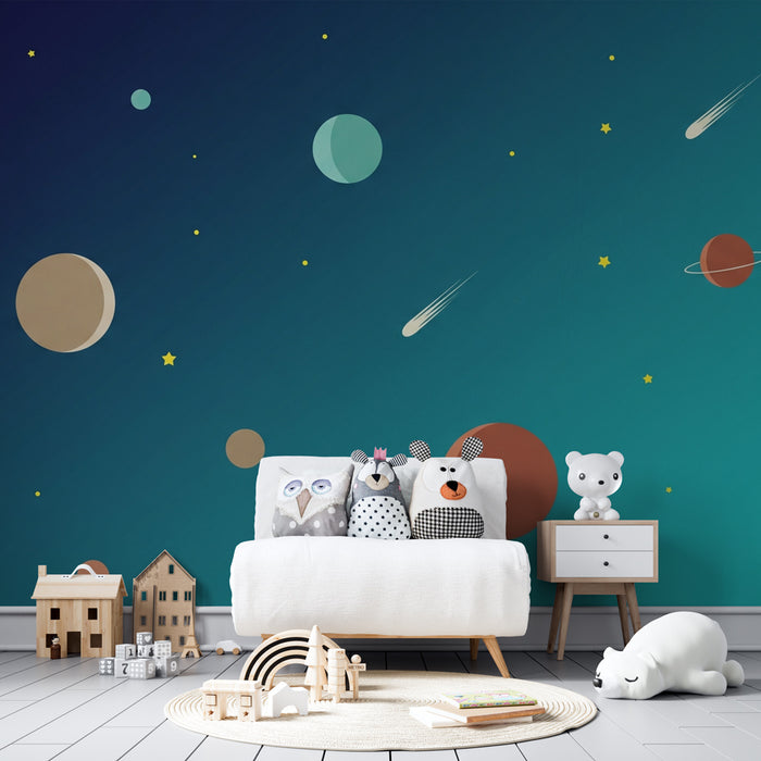 Kids room wallpaper | Galactic universe with planets and stars