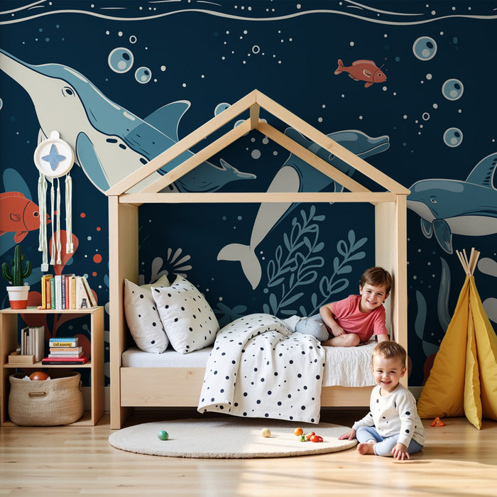 Papier peint chambre enfant | Vie sous-marine colorée avec dauphins et poissons